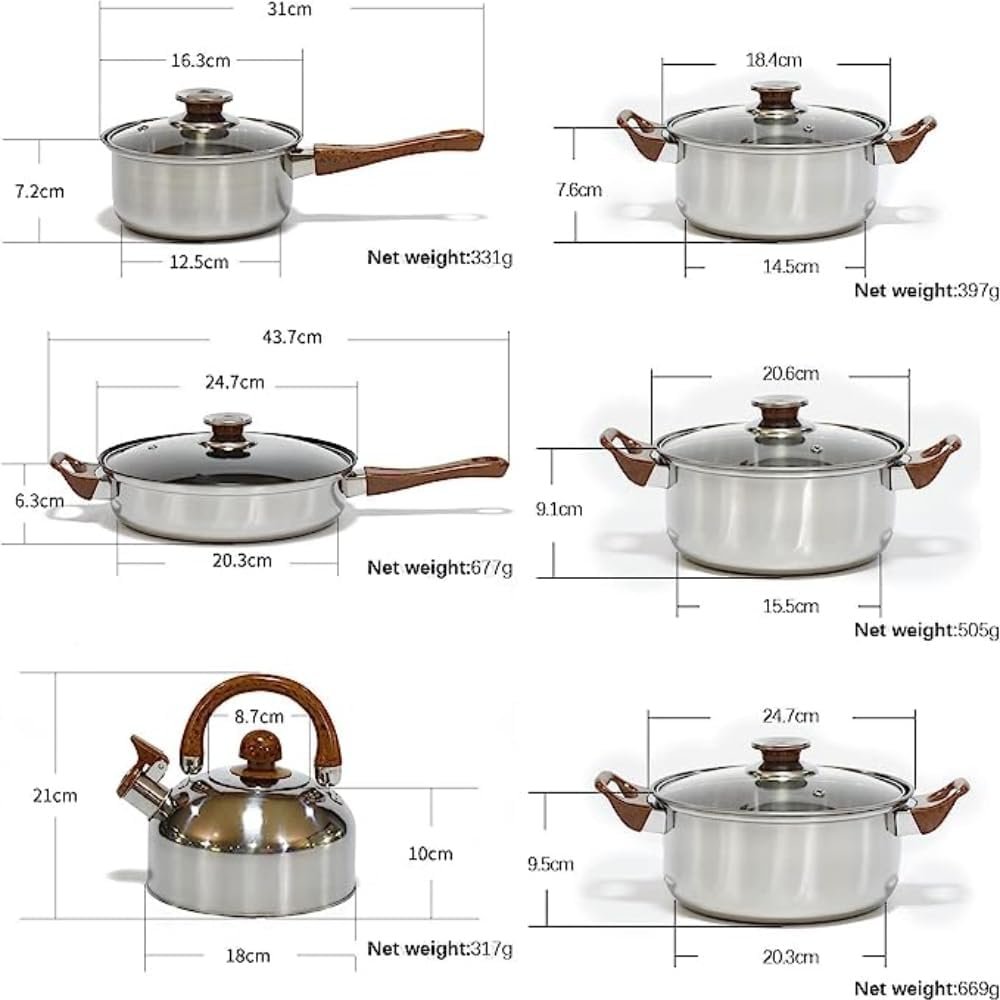 6 Pcs Pots and Pans Set Dishwasher Safe Stainless Steel Kitchen Cookware Set Milk Pot Saucepan Stockpot Frying Pan Kettle