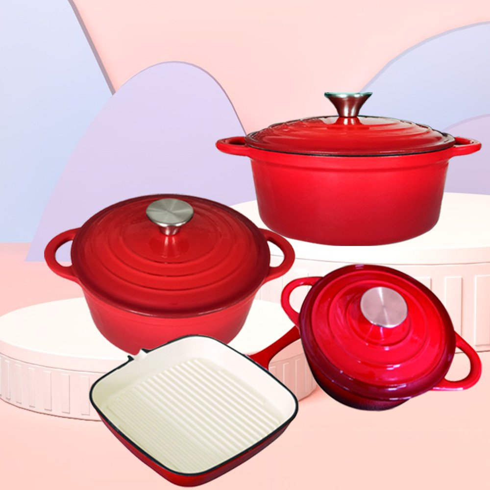 Hot Sale 7 Pieces Pot Set Enamel Cast Iron Cookware Set Gradient Color Soup Pot Cast Iron Skillet With Lid Frying Pan Set