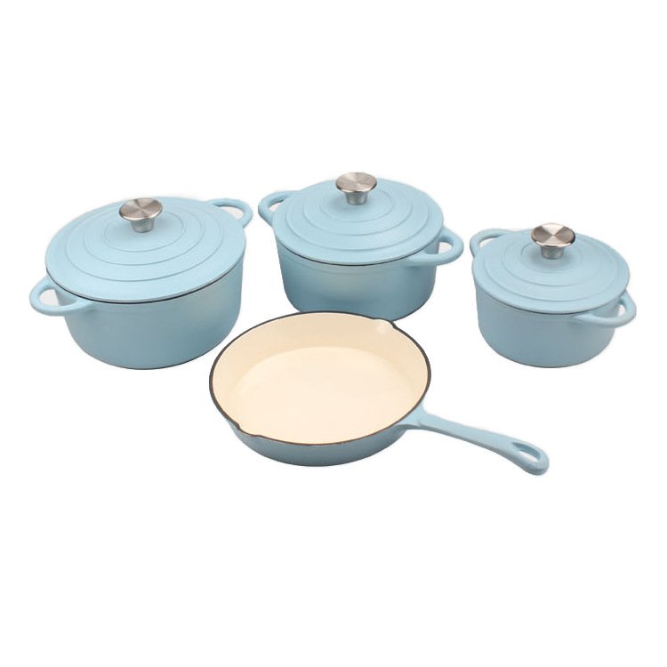 Hot Sale 7 Pieces Pot Set Enamel Cast Iron Cookware Set Gradient Color Soup Pot Cast Iron Skillet With Lid Frying Pan Set