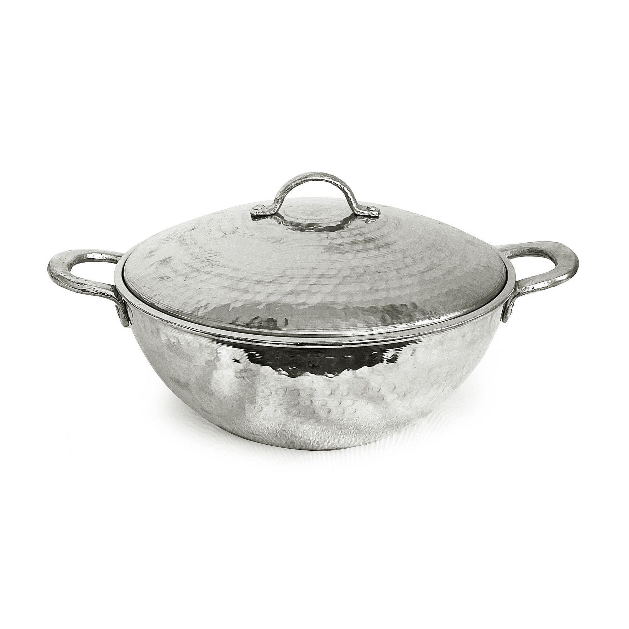 10" -11.5" Copper Wok Pan Nickel Color Hand Hammered With Lid Brass Handle Handmade, Authentic, Traditional Cooking, Tin Plated