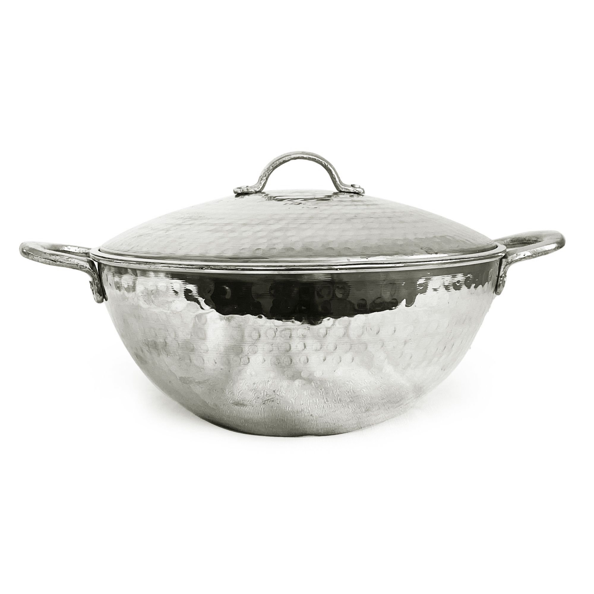 10" -11.5" Copper Wok Pan Nickel Color Hand Hammered With Lid Brass Handle Handmade, Authentic, Traditional Cooking, Tin Plated