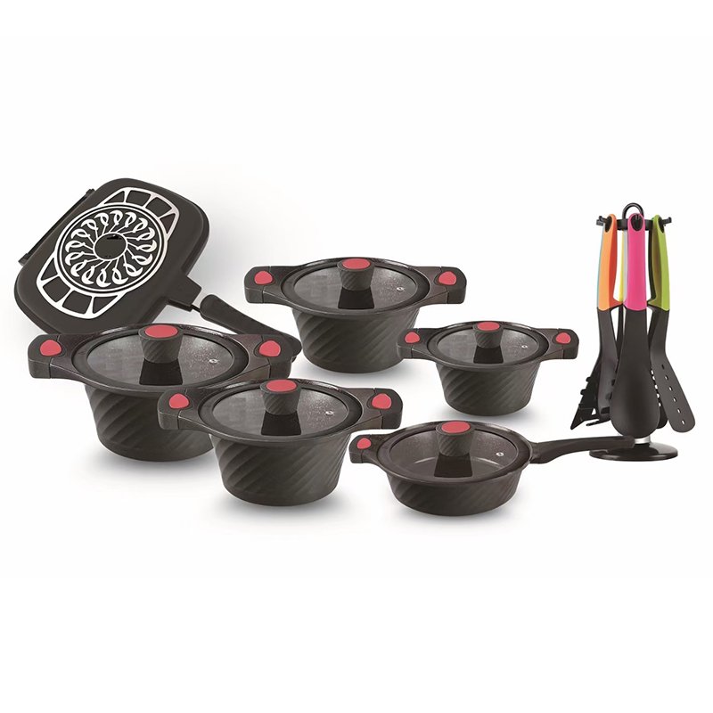 Kitchen Utensils Non Stick Cooking Pot 21PCS Granite Cookware Aluminum Casserole and Double Grill Pan Set