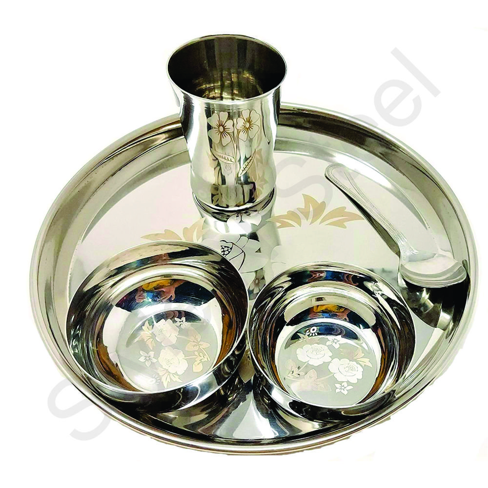 Dinnerware Set 5 pcs Metal Traditional Dinner Server Set With Thali Plate Katori Bowl Dinner Set of 5 pcs Stainless Steel