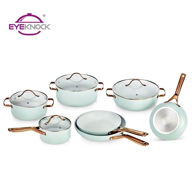 New design pressed aluminum black, blue, green, beige and pink color coating gold PVD handle induction non stick cookware set