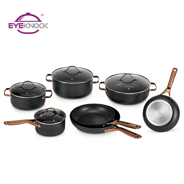 New design pressed aluminum black, blue, green, beige and pink color coating gold PVD handle induction non stick cookware set