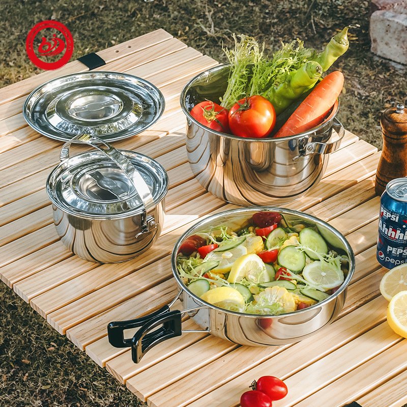 wholesale large capacity OEM ODM biodegradable Stainless steel portable outdoors camping pot pan picnic travel cookware set