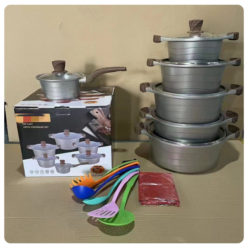 19pcs Granite Coated Non-Stick Kitchen Cookware Set Die-Cast Iron Body Stainless Steel Handles Aluminum Glass Material Home Use