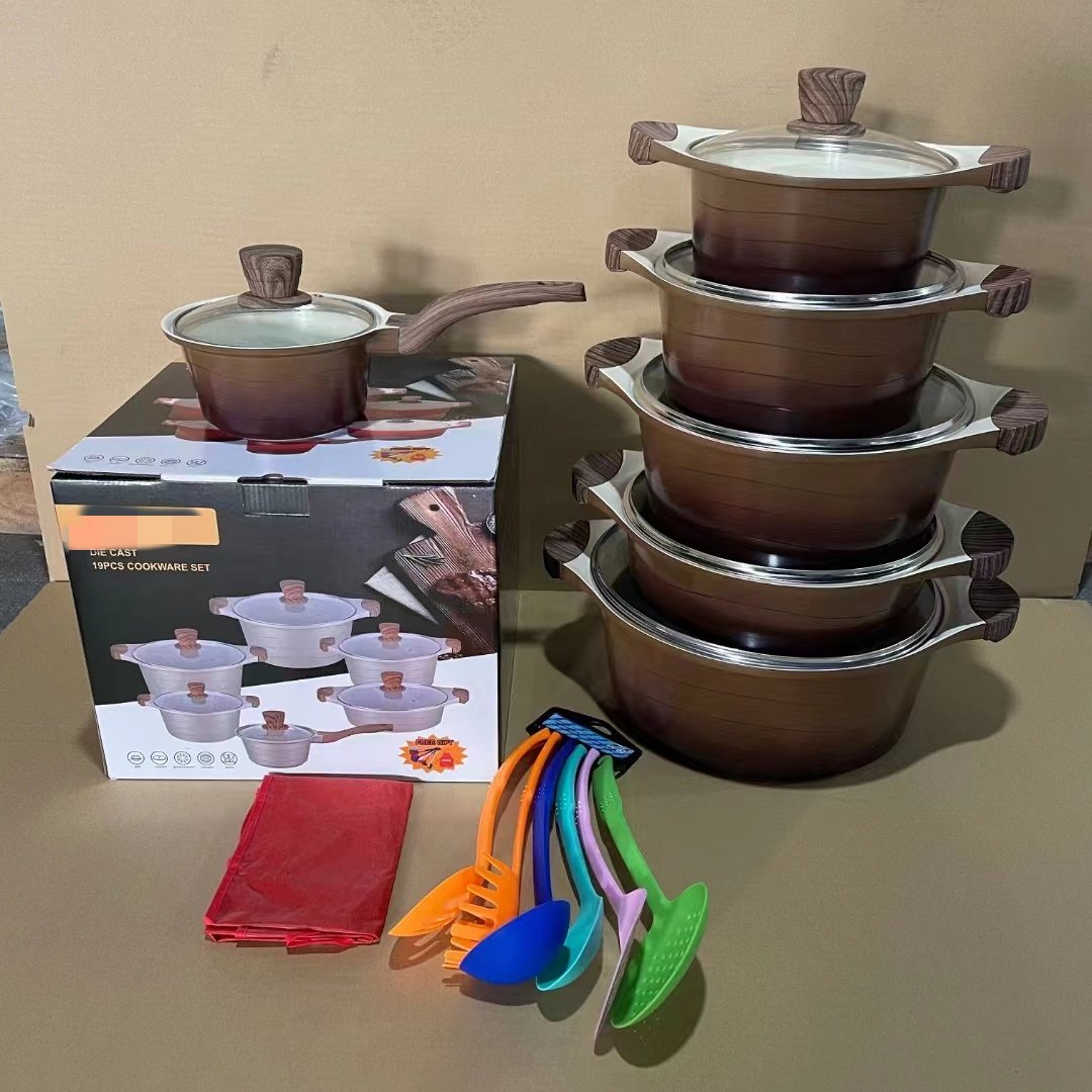 19pcs Granite Coated Non-Stick Kitchen Cookware Set Die-Cast Iron Body Stainless Steel Handles Aluminum Glass Material Home Use