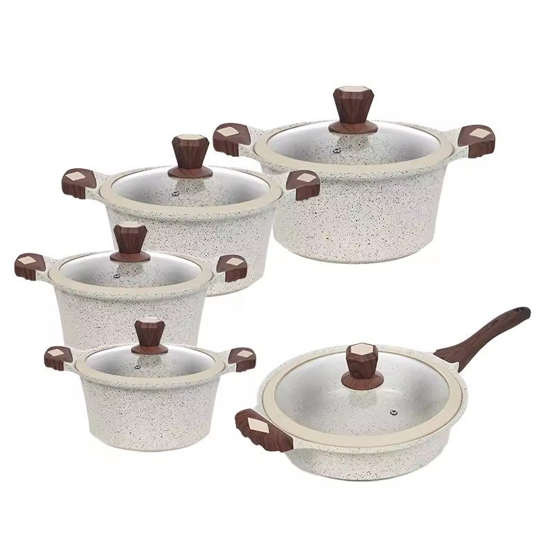 10pcs Granite Coating Cookware Set Aluminium Non-Stick Casserole Frying Pan With Wooden Handle