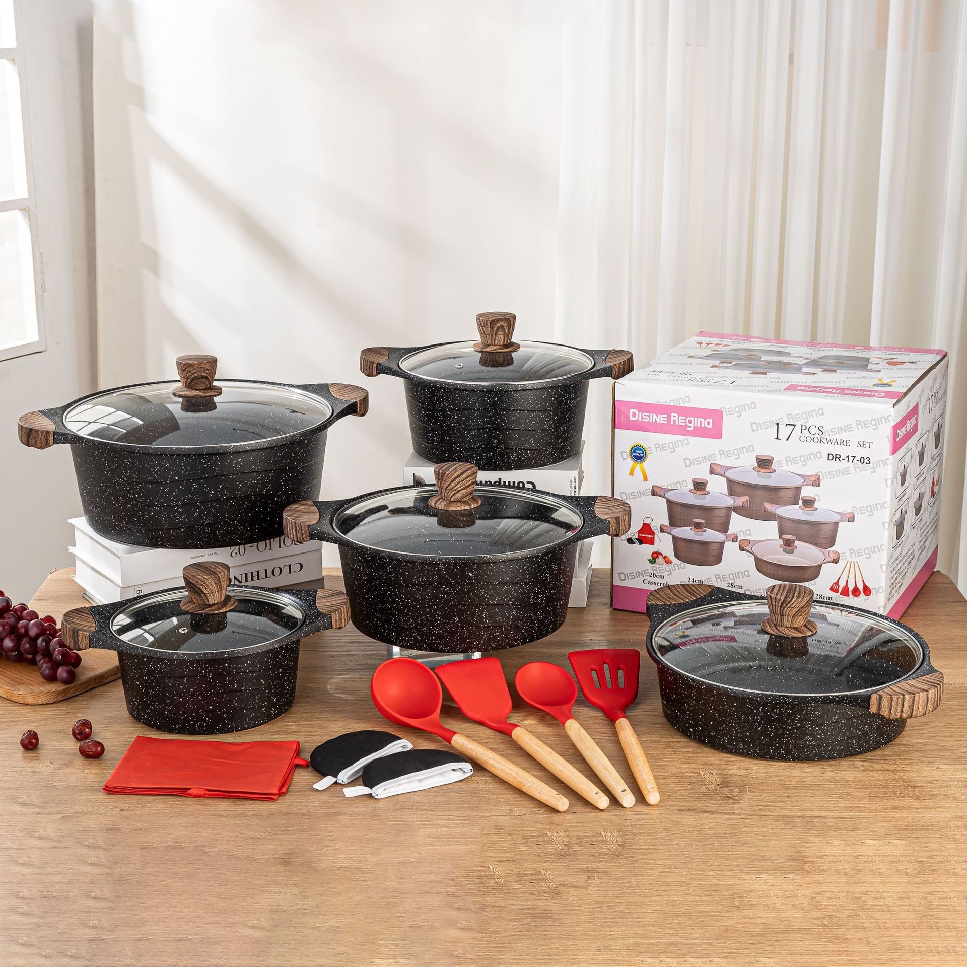 Hot selling 17pcs die cast aluminum non-stick cooking pots marble stone cookware set cooking pot set non-stick cookware granite