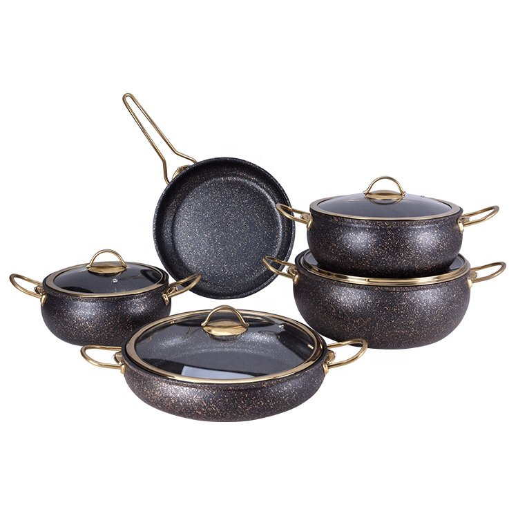 hot seller 9 piece marble coating cookware set with stainless steel handle