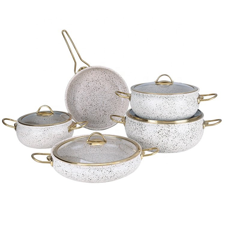hot seller 9 piece marble coating cookware set with stainless steel handle