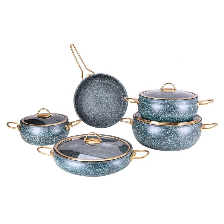 hot seller 9 piece marble coating cookware set with stainless steel handle
