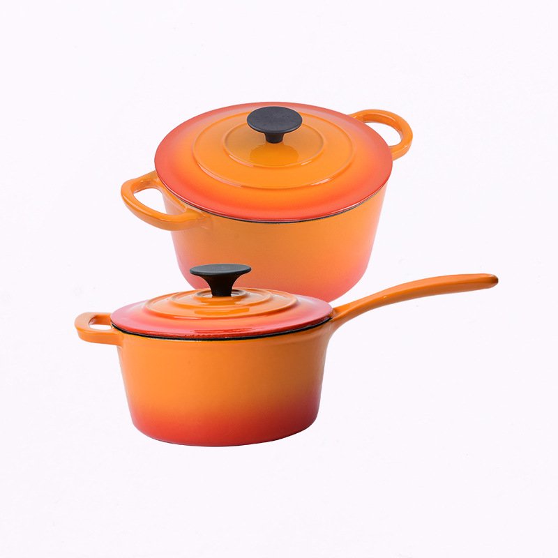 Orange Color Enamel Cooking Utensil 5 Piece Cookware Set Casseroles Frying Pan Wooden Box Roaster Milk Pot Cast Iron Metal LFBG