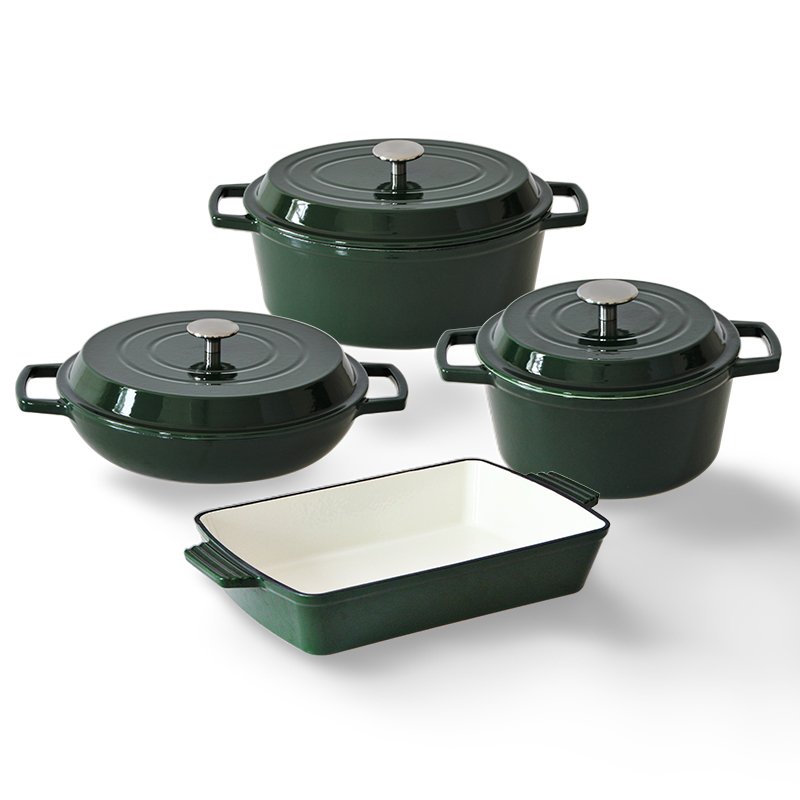 Dark Green Enamel Cast Iron Casserole Pots and Fry Pan and Cast Iron Casserole Cookware Sets
