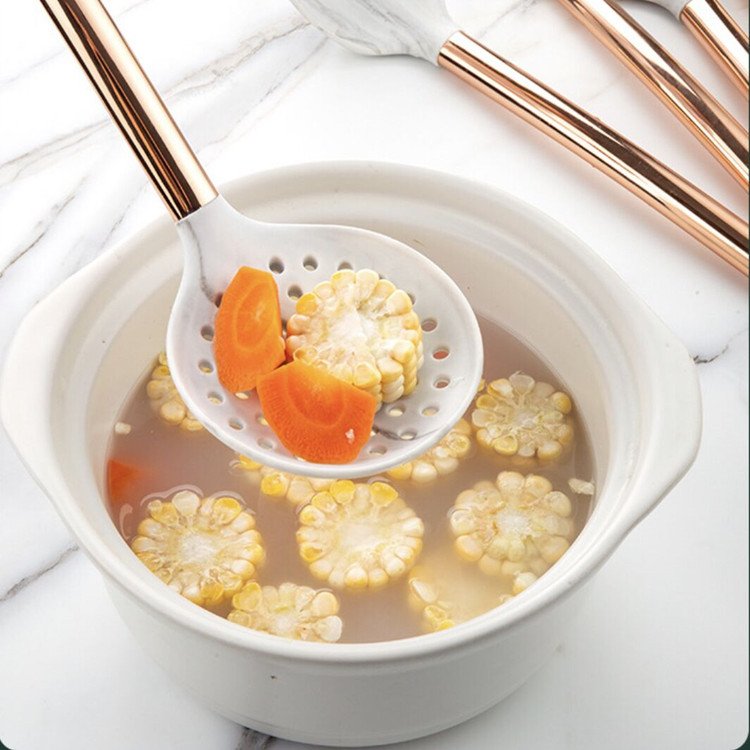 Marbling silicone cookware set nonstick heat resistant cooking kitchen tools rose gold stainless steel handle kitchen utensils