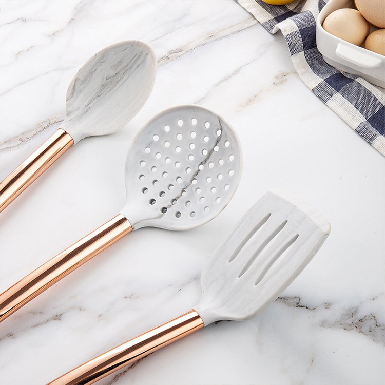 Marbling silicone cookware set nonstick heat resistant cooking kitchen tools rose gold stainless steel handle kitchen utensils