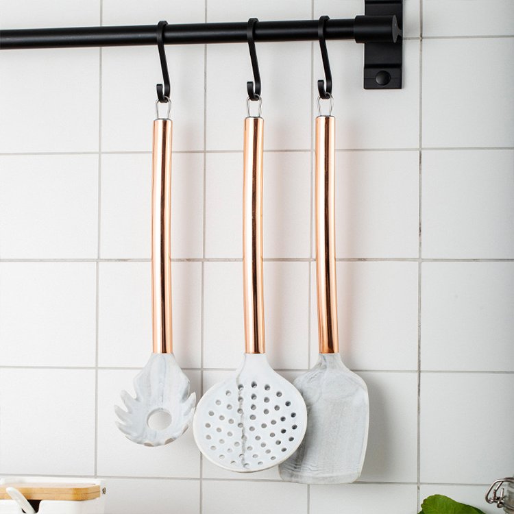 Marbling silicone cookware set nonstick heat resistant cooking kitchen tools rose gold stainless steel handle kitchen utensils