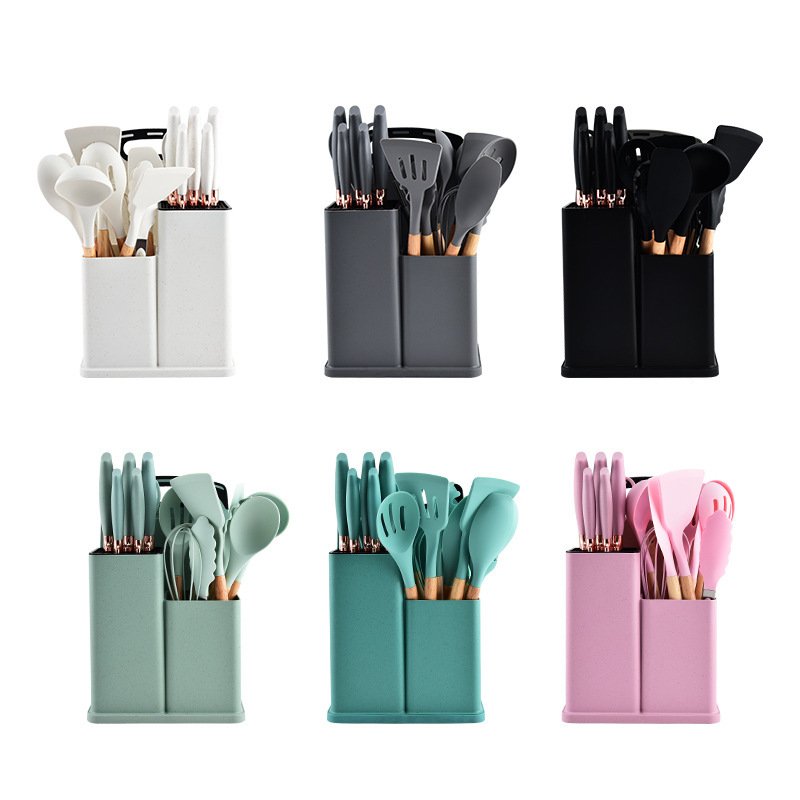 Dinnerware Sets 19-piece Set Of Silica Gel Kitchen Utensil Set With Wooden Handle And Cuttings Board Storage Bucket Kitchen Gadg