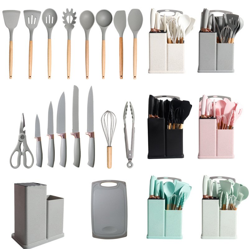 Dinnerware Sets 19-piece Set Of Silica Gel Kitchen Utensil Set With Wooden Handle And Cuttings Board Storage Bucket Kitchen Gadg