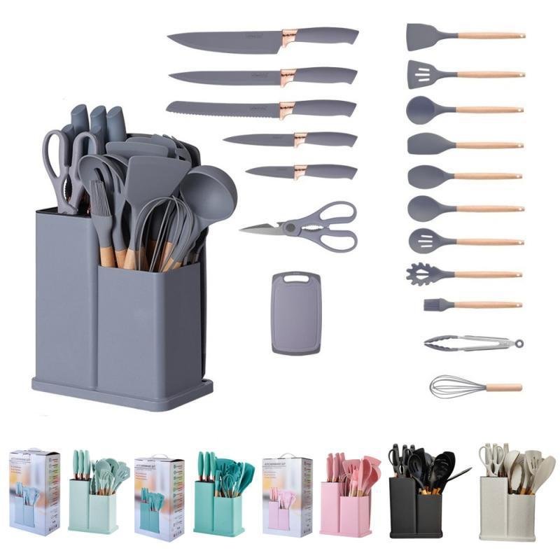 Dinnerware Sets 19-piece Set Of Silica Gel Kitchen Utensil Set With Wooden Handle And Cuttings Board Storage Bucket Kitchen Gadg