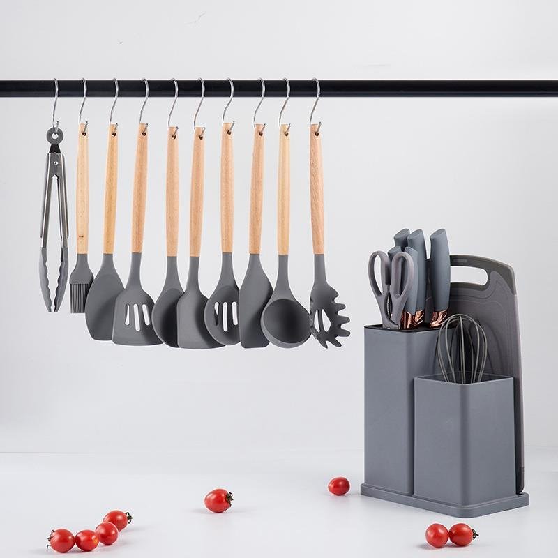 Dinnerware Sets 19-piece Set Of Silica Gel Kitchen Utensil Set With Wooden Handle And Cuttings Board Storage Bucket Kitchen Gadg