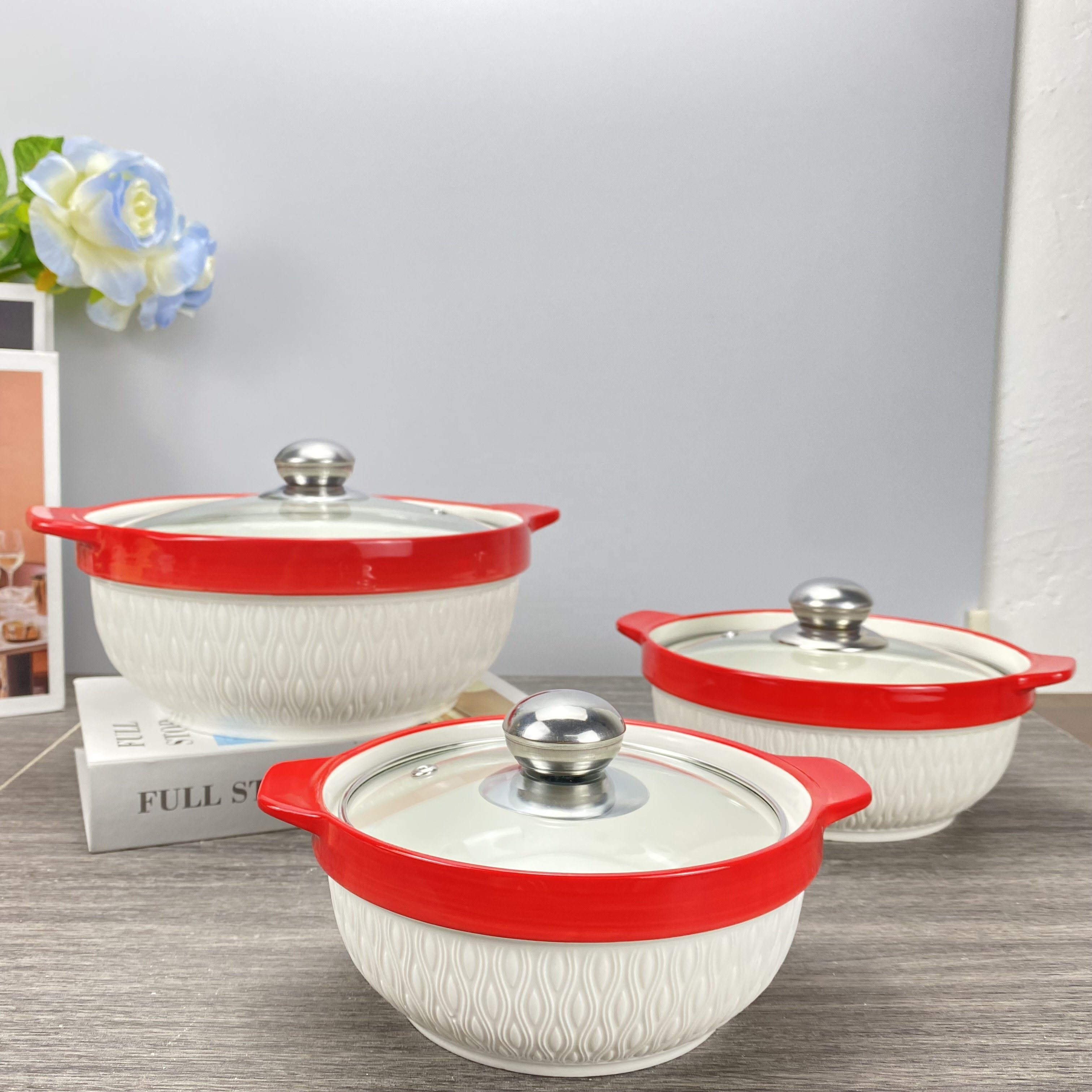 New product ceramic soup pot three-piece non-stick casserole round red glaze cookware set with glass lid