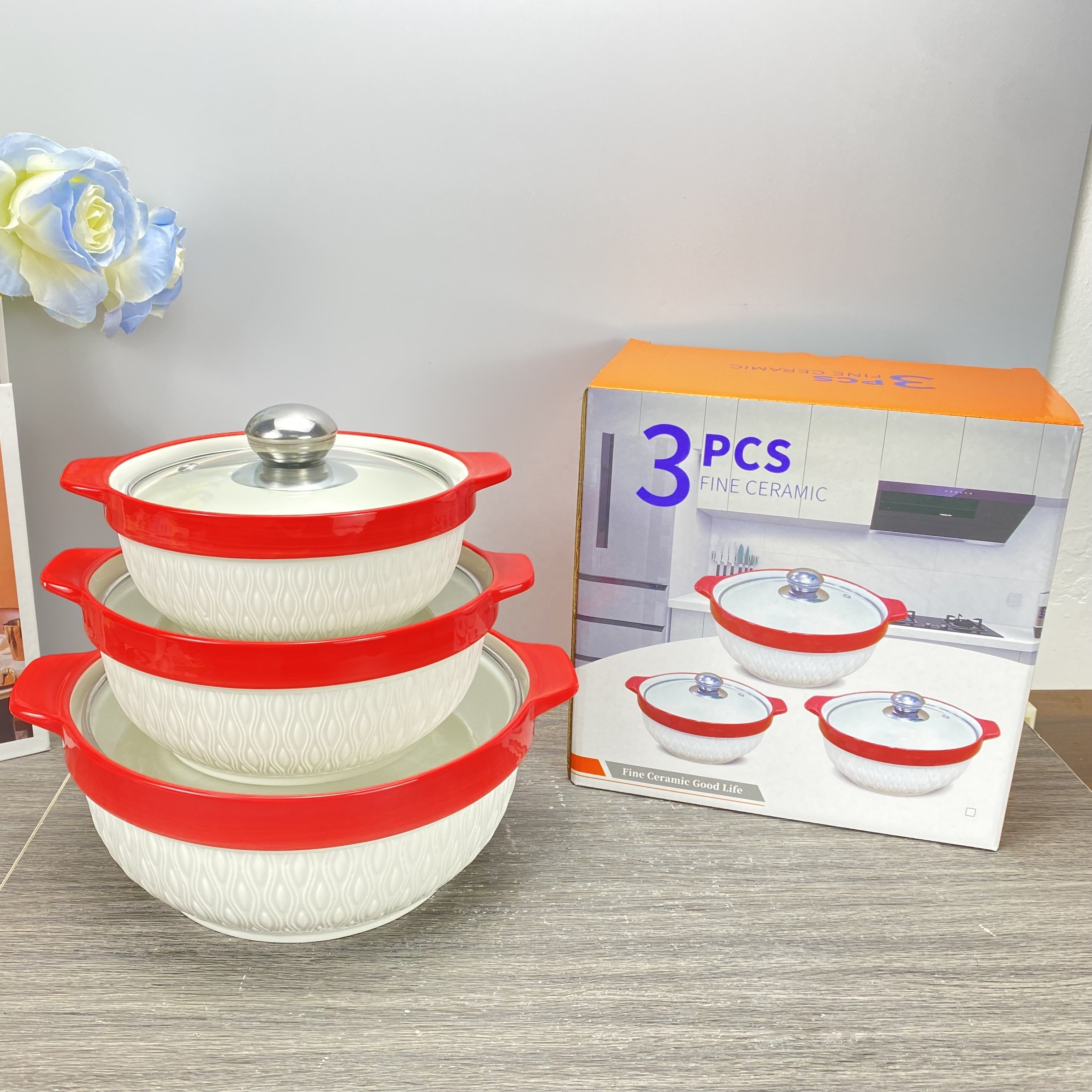 New product ceramic soup pot three-piece non-stick casserole round red glaze cookware set with glass lid