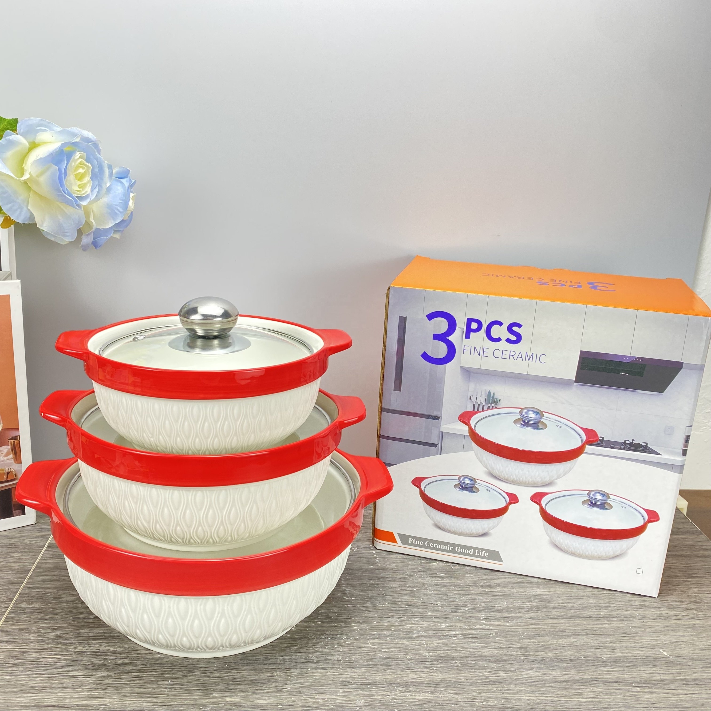 New product ceramic soup pot three-piece non-stick casserole round red glaze cookware set with glass lid