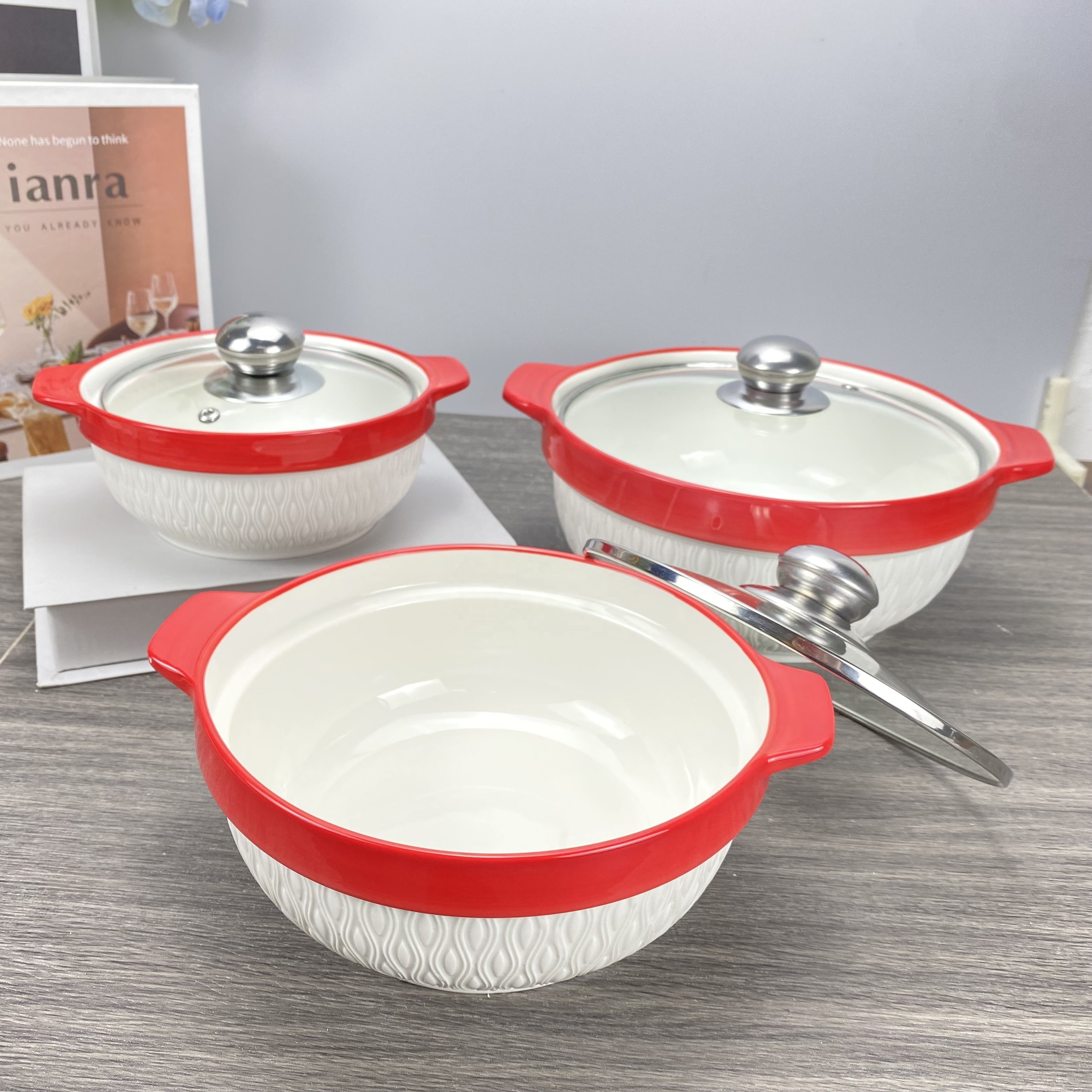 New product ceramic soup pot three-piece non-stick casserole round red glaze cookware set with glass lid