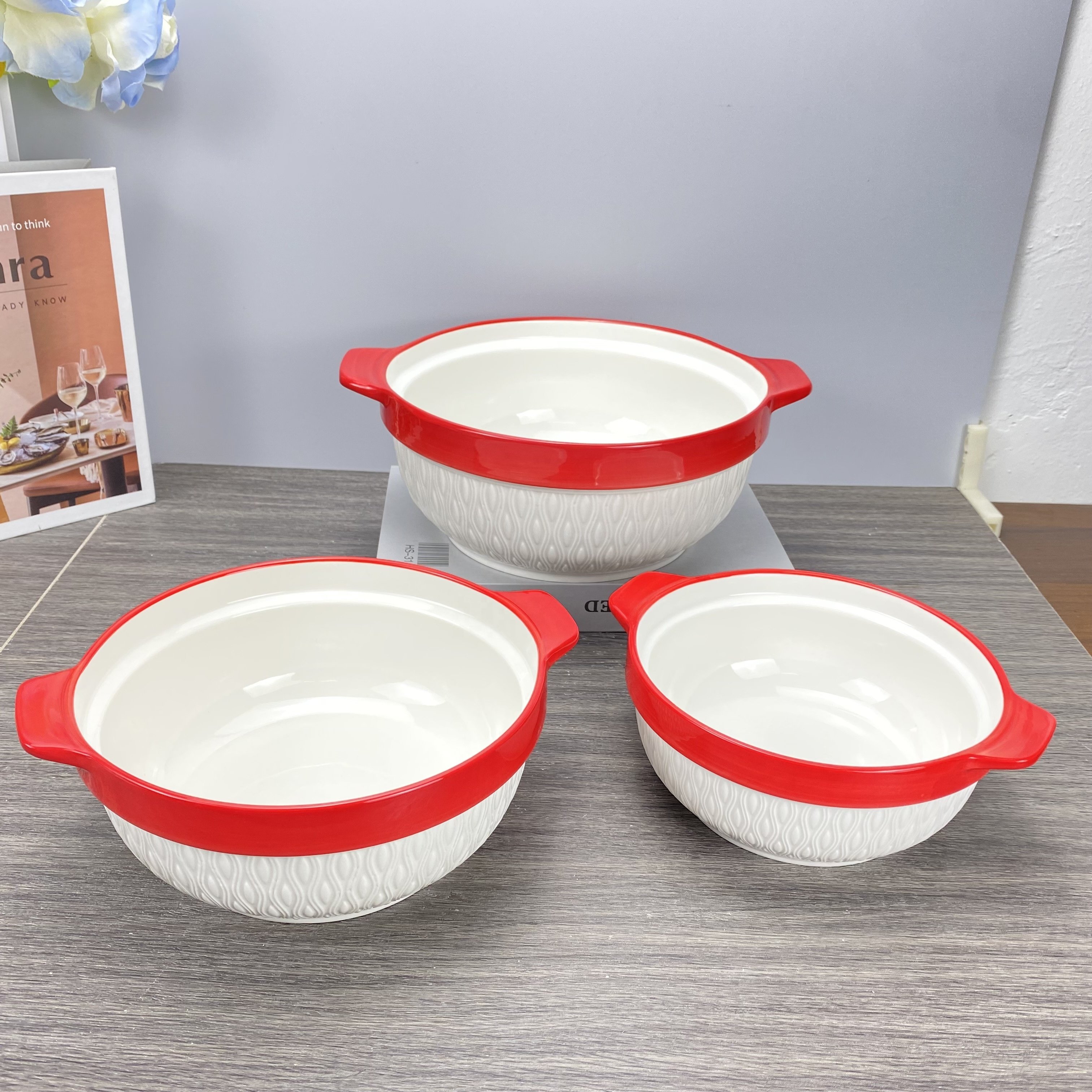 New product ceramic soup pot three-piece non-stick casserole round red glaze cookware set with glass lid
