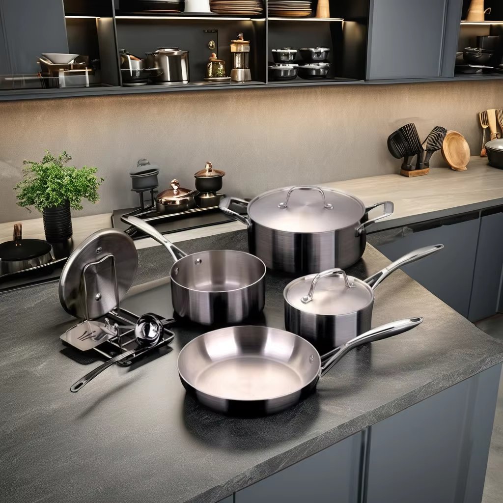 iintelli 10-Piece Metal Cookware Set Tri-Ply 304 Stainless Steel 3 Layers with Sustainable Features and Lid Includes Pots