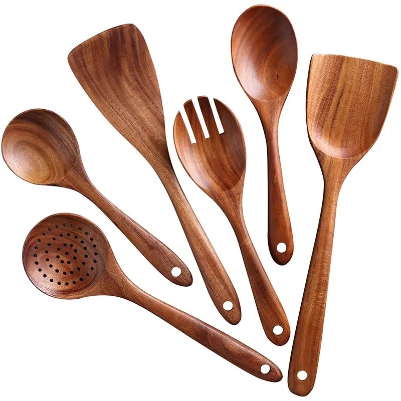 High Quality 9pcs set Natural teak Bamboo Wood Utensils kitchen Wooden Spatula Kitchen Cookware set