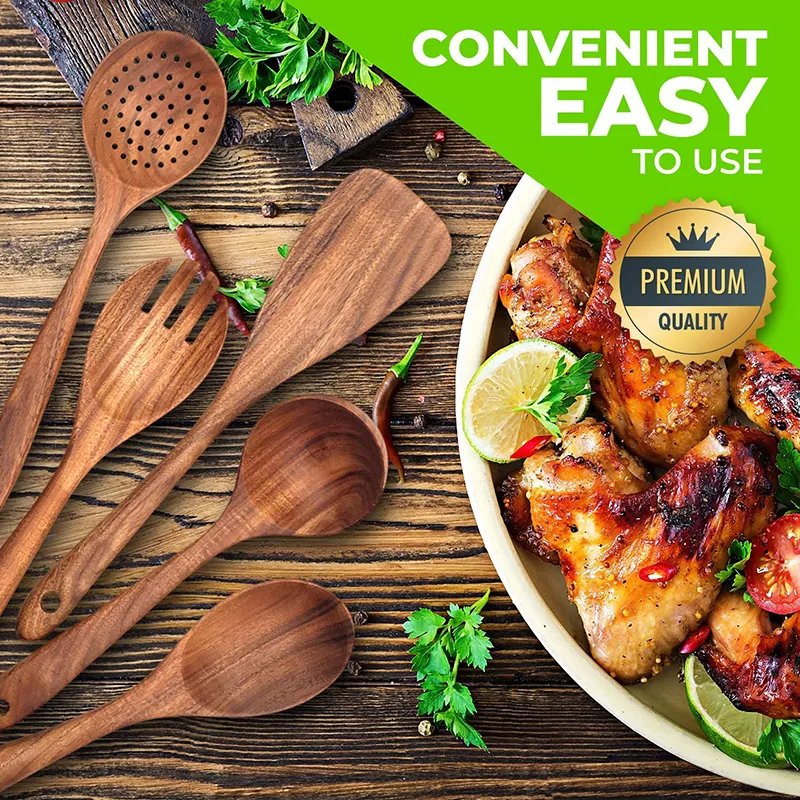 High Quality 9pcs set Natural teak Bamboo Wood Utensils kitchen Wooden Spatula Kitchen Cookware set
