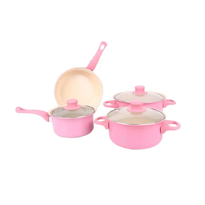 13-Piece Set Of Pink Fine Iron Maifan Stone Non-Stick Cookware Set Soup Pot Milk Pot