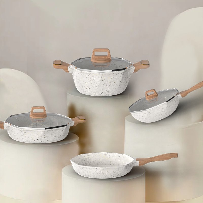 6 piece non stick casserole cookware set white granite marble coating cooking sauce pot