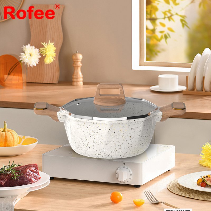 6 piece non stick casserole cookware set white granite marble coating cooking sauce pot