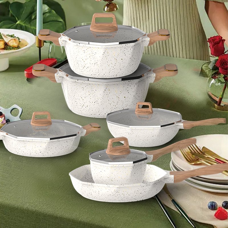 6 piece non stick casserole cookware set white granite marble coating cooking sauce pot