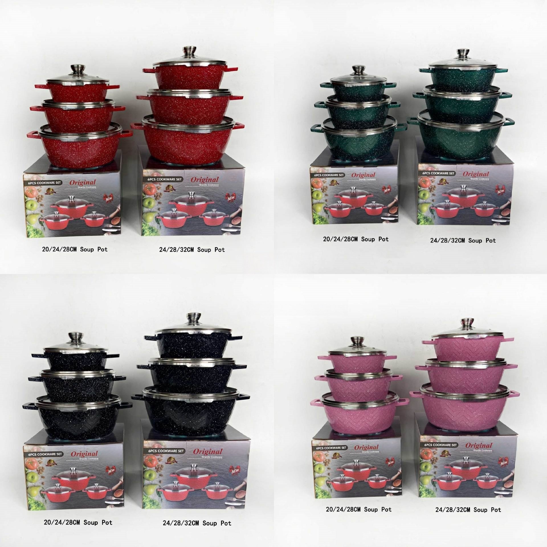 6pcs Set of Big Size Nonstick Marble Coating Cookware Kitchen Nonstick Aluminum Cooking Pots Steel Metal Home Usage