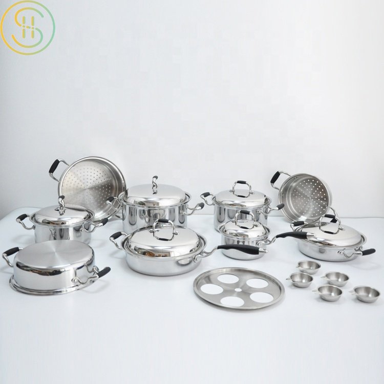 21Pcs 3Ply Stainless Steel 304 316 cookware set Cooking Pot & Pan waterless greaseless Cookware Set with Egg Cups