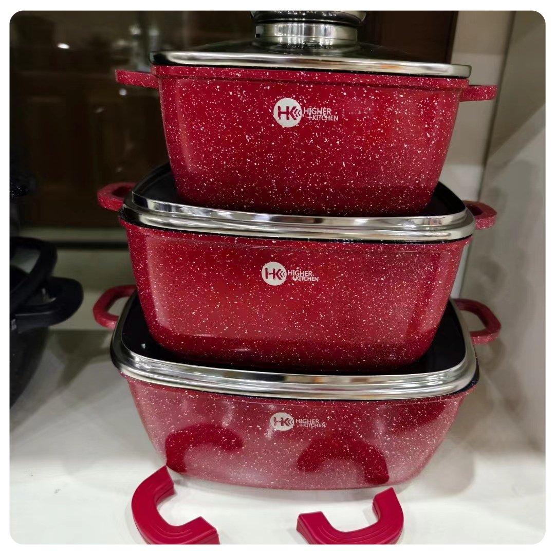 European High-Grade 6-Piece Aluminum Fry Pan Set 20-24-28CM Water-Based Non-Stick Stone Coating Tempered Glass Kitchen Cookware