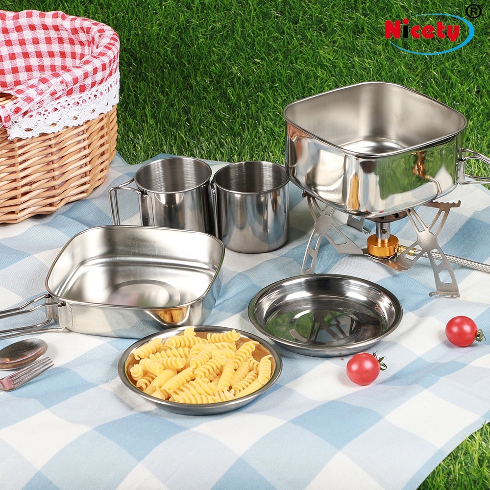 Nicety Customized Stainless Steel Camping Cookware Set for picnic Outdoor Tableware Cooking Set for 2 person