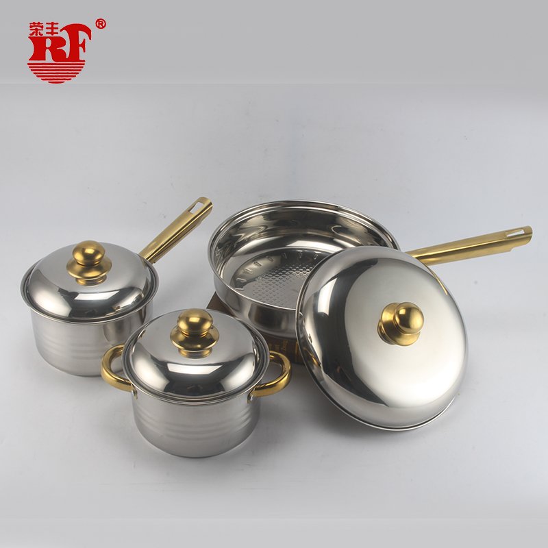 RF 12pcs Stainless Steel Cookware Sets Pots and Pans Casserole Pot Set with Tube Golden Handles and Stainless Steel Lid