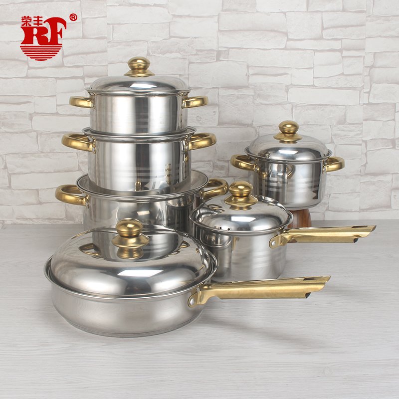 RF 12pcs Stainless Steel Cookware Sets Pots and Pans Casserole Pot Set with Tube Golden Handles and Stainless Steel Lid