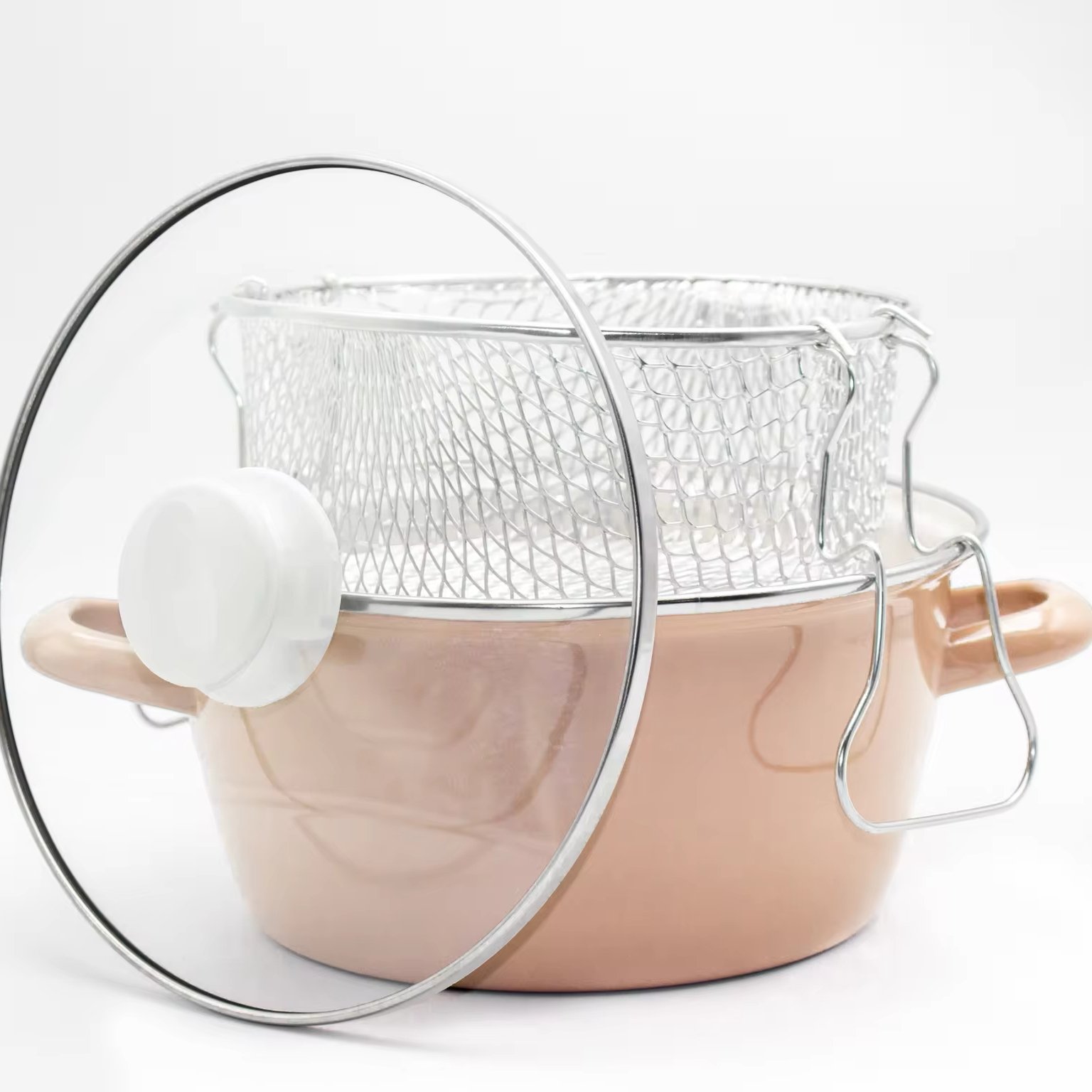 Bonera High Quality 22 cm Academia Enamel Coated Steel Frying Pot with 1 pc Basket and 1 pc Glass Lid Cookware Set