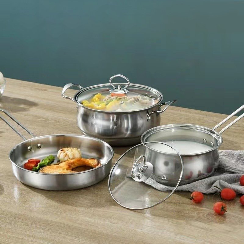Cheap 3PCS Kitchen Pot Set Cookware Sets Non-Stick Pots and Pans with Lids Stainless Steel Cooking Pots Frying Pan