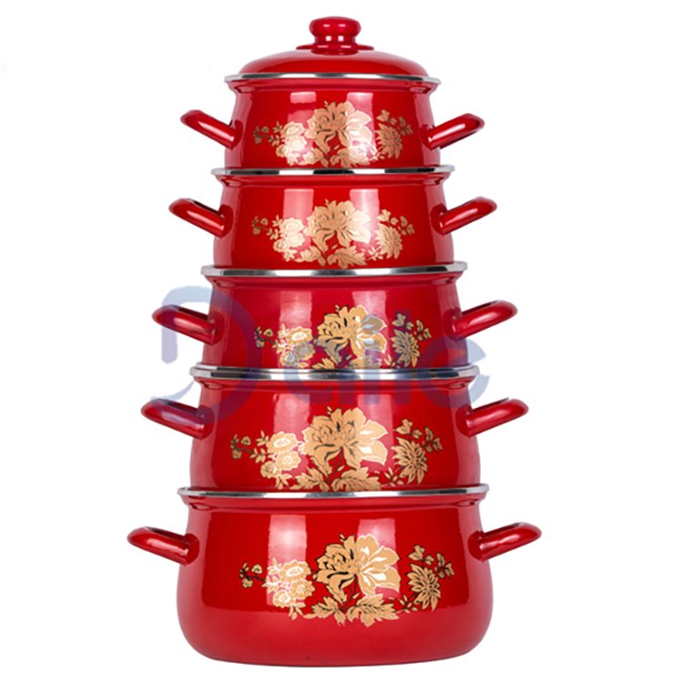5 PCS Enamel Lid Carbon Steel Kitchen Cookware Set Casserole With Red Decal