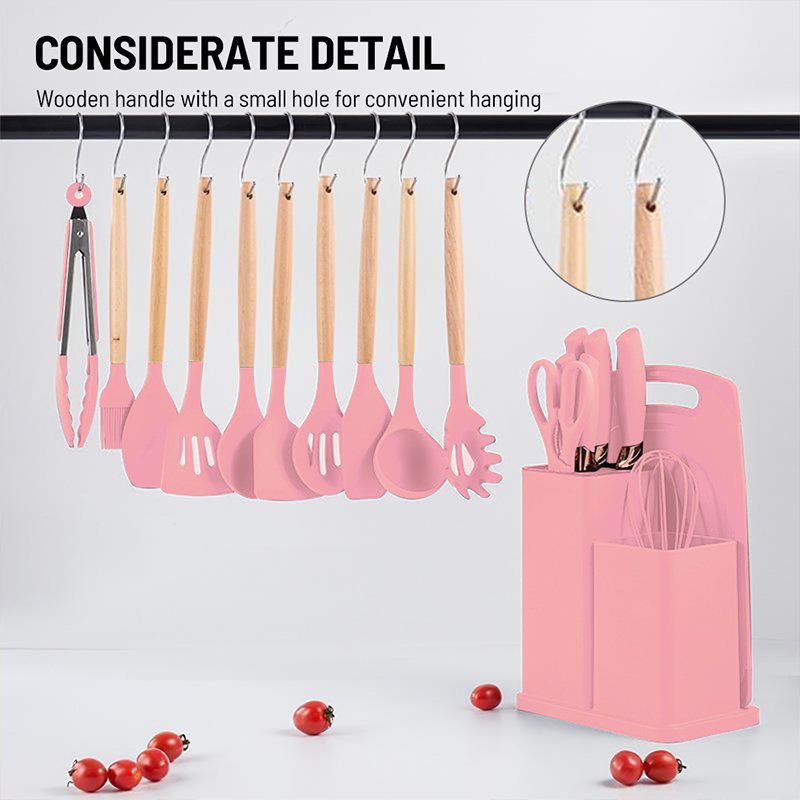 Newest 19-piece set of silica gel kitchen utensil set with wooden handle and cuttings board storage bucket kitchen gadget set