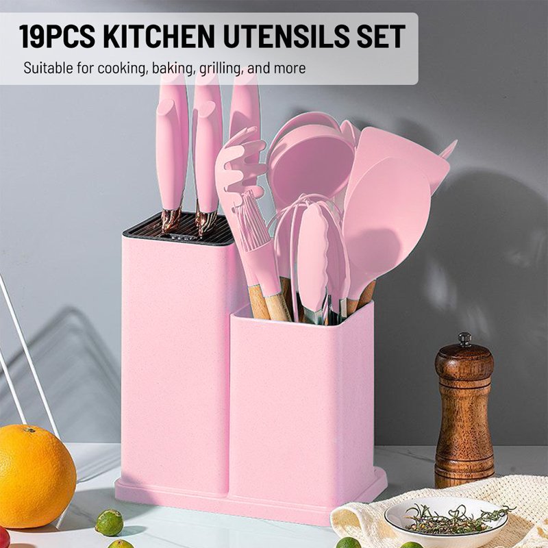 Newest 19-piece set of silica gel kitchen utensil set with wooden handle and cuttings board storage bucket kitchen gadget set