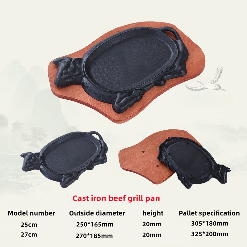 Wholesale cookware sets Pre-seasoned Fajita 25/27cm black bull shaped Cast Iron Sizzling Steak Plate With Wooden Base